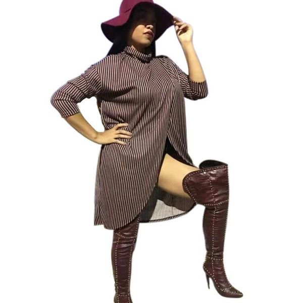 

q5070 women european and american fashion loose stripe printed irregular ruched dresses, Black;gray