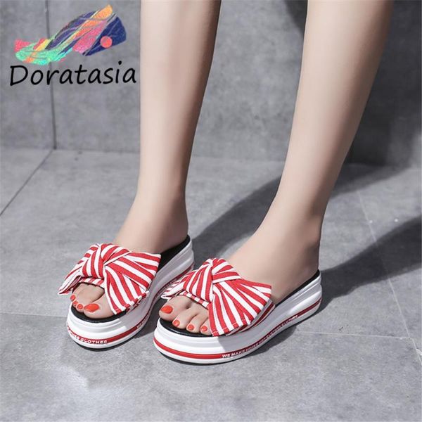 

doratasia new women fashion stripped shoes comfy wedges summer slippers women summer sweet big butterfly-knot slides, Black