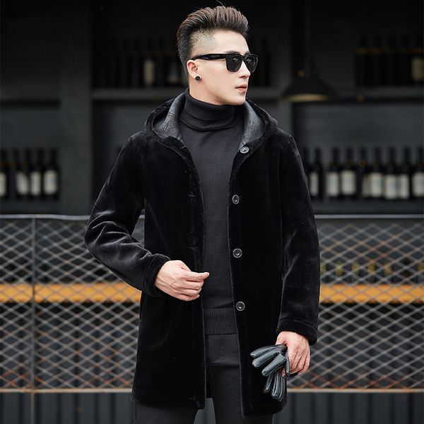 

2019 double-sided wear fur trench coat men casual medium long hooded winter mens coat brand clothing plus size 4xl, Tan;black