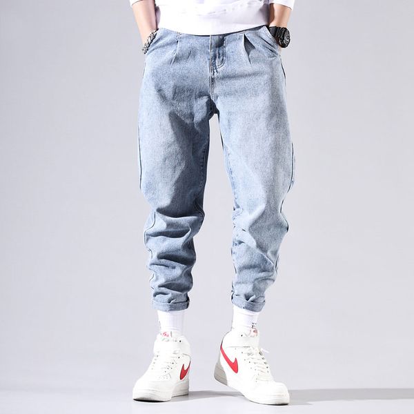 

мода streetwear мужских джинсы сыпучего fit light blue color шаровары корейского стиля vintage повседневного карандаш штаны хип-хоп джинсы м
