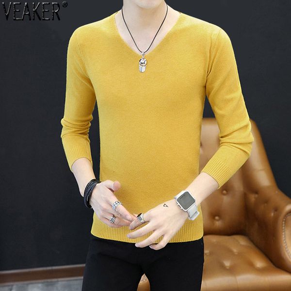 

2019 autumn new men's v-neck sweater pullover male slim fit long sleeves solid color sweater knitted pullover 6 colors, White;black