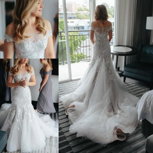 

new off the shulder mermaid wedding dresses short sleeve modest lace applique bridal gowns boho bohemian robe de mariee, White
