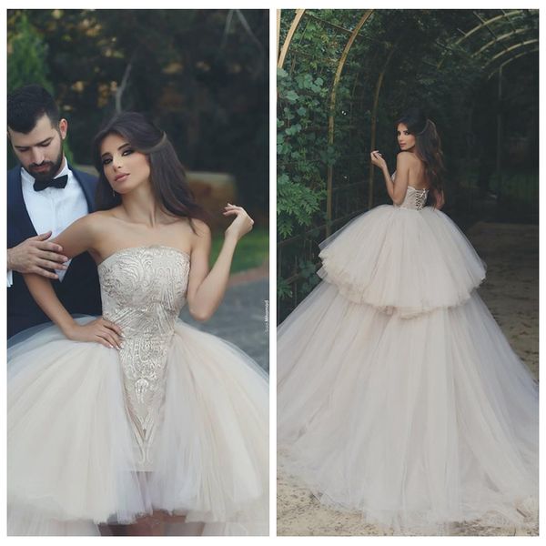 

2020 strapless sheath lace appliques slim wedding dresses with tulle puffy detachable train long bridal gowns customized robe de mariee, White