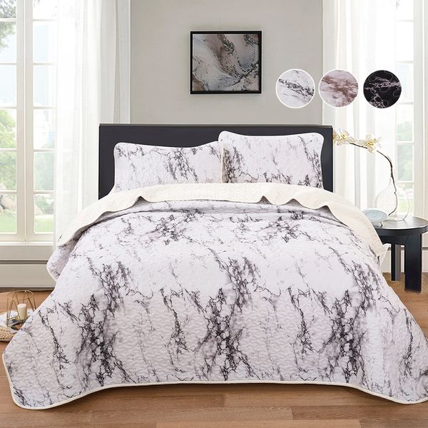 

3 piece marbling quilted bedspread throw set comforter pillow case  king size bed set