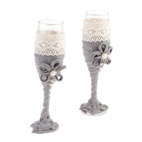 

2pcs wedding lace flower champagne wine toasting glasses wedding favors
