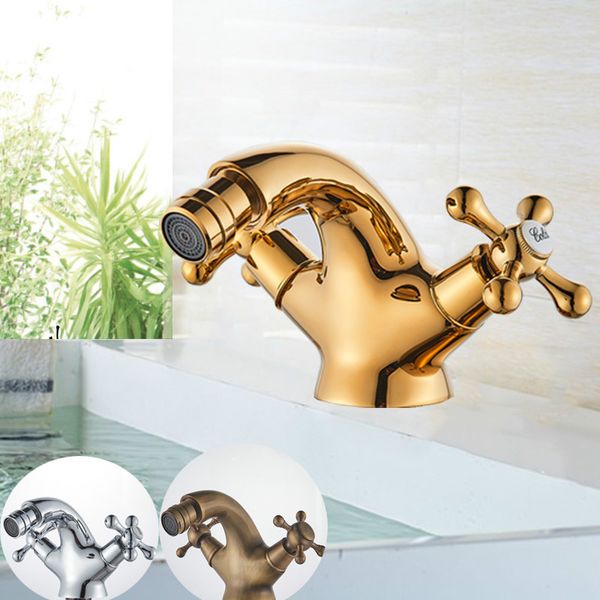 

Gold Bidet Basin Faucet Dual Handles Water Bathroom Sink Brass Single Hole Deck Mounted Water Mixer Tap