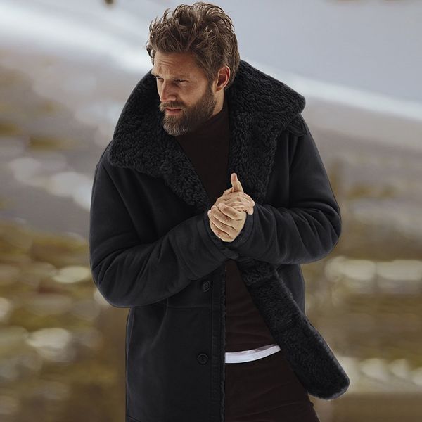 

2018 winter men's coat warm wool lined jacket coat mountain faux lamb solid male parka cotton thicken men, Black