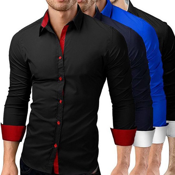 

solid color placket men's long-sleeved casual shirt business shirt men's colorblock business fashion shirts, White;black