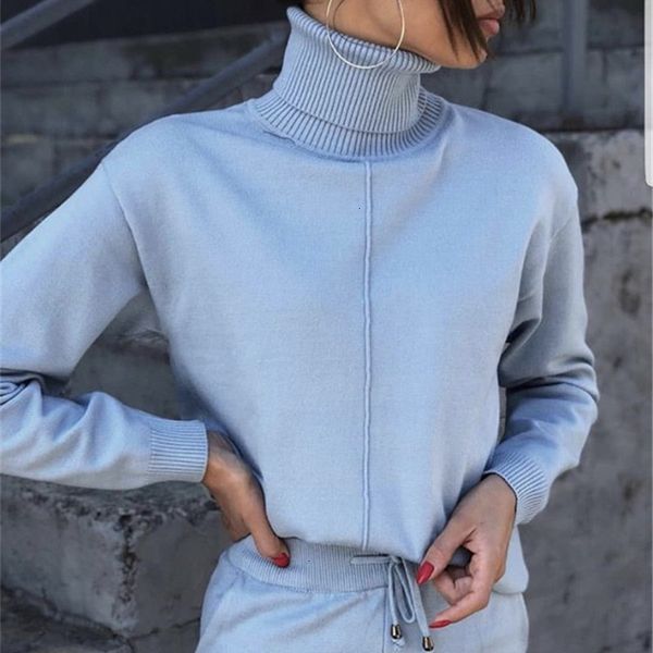 

winter autumn knitted tracksuit turtleneck sweatshirts fashion women suit clothing 2 piece set knit female sporting suit, White
