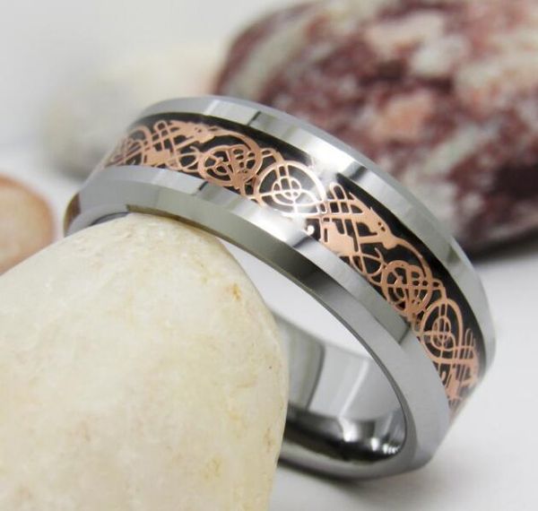 

chinese dragon 8mm tungsten carbide ring with black background rose gold dragon inlay for men and women tur-005, Silver