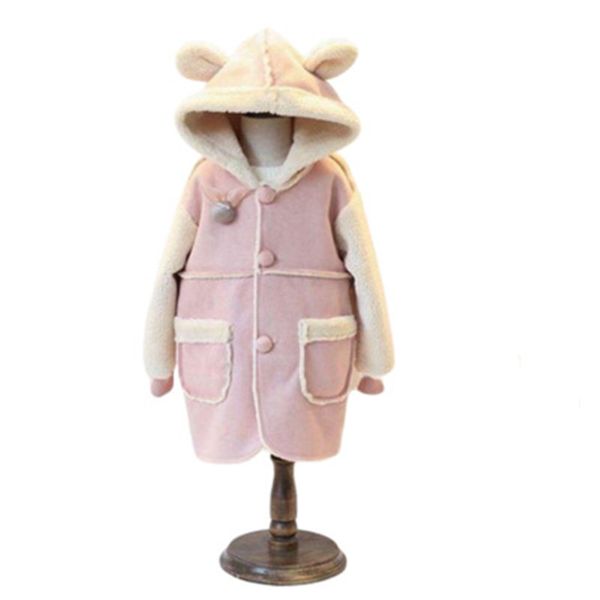 

2019 winter girls cute ears hooded lambskin single-breasted long section, White