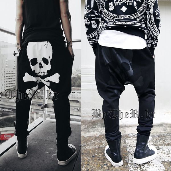 

2019 outdoor summer men's sport hip hop skeleton printed jogging harem pants men hanging fork low block large crotch pants, Black;blue