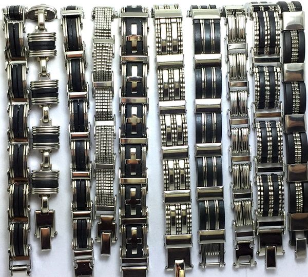 

10pcs men's stainless steel bracelets 10 styles mixed wristbands wholesale jewelry lots, Golden;silver