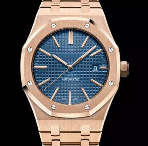 

blue dial rose gold men watch royal oak u1 factory 41mm mens watches 2813 automatic movement transparent case back outdoor wristwatches, Slivery;brown