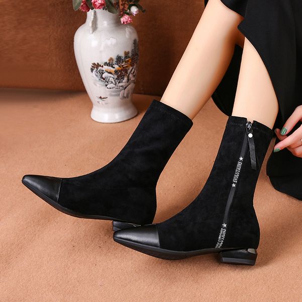

new women casual winter warm snow boots shoes women comfort pointed toe zipper flats mid-calf boots mujer zapatos, Black