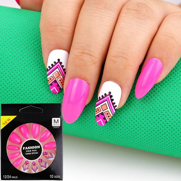 

false nails 12pcs long stiletto nail tips with glue colorful full cover fake manicure press on charms, Red;gold