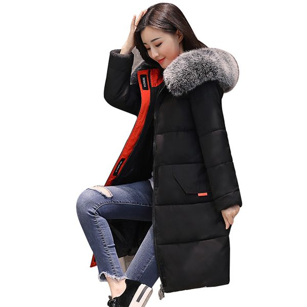 

plus size thick parkas winter women cotton coat fashion big fur collar hooded slim black long jacket snow wear outerwear pj189
