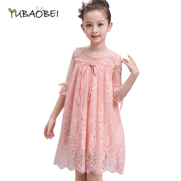 

child girls lace princess dress new summer autumn mid-sleeved flower wedding party kids pink/ red dress children clothing y200317, Red;yellow