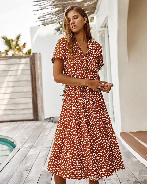 

women summer dress 2020 fashion vinatge polka dot printed holiday bohemian beach dress drawstring button short sleeve casual long dress, Black;gray