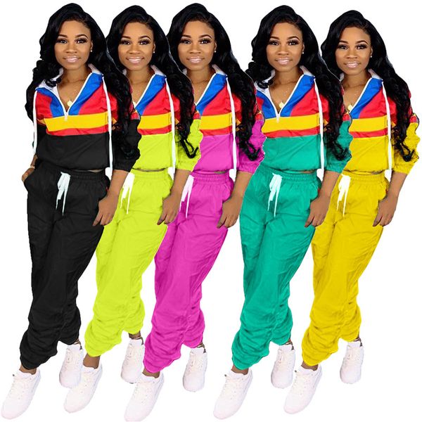 

women clothing zipper long sleeve hoodie + pocket pants sets sports tracksuits contrast color patchwork designer autumn outfits c71502, White