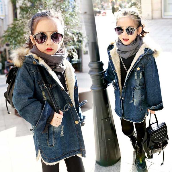 

fashion girls denim blue jacket kids winter thick velvet jackets outfits girls jeans slim long winter warm outerwear & coats, Blue;gray