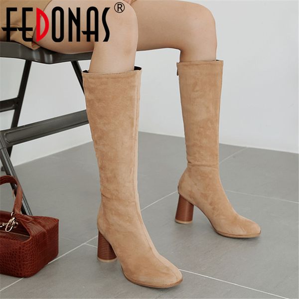

fedonas new fashion long boots 2020 autumn winter warm zipper women knee high boots flock riding night club shoes woman, Black