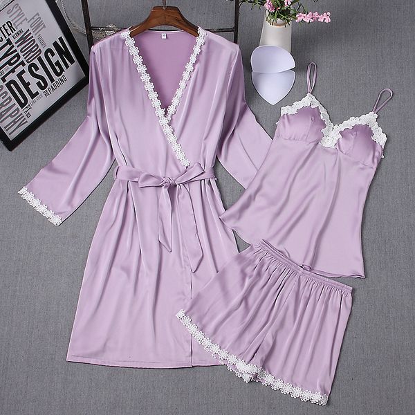 

female sleepwear lace sleep lounge silk pajamas satin pajamas for women elegant women pijama 3 pieces home clothing, Blue;gray
