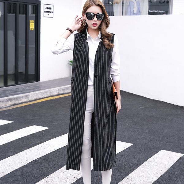 

new blazer vest jacket women sleeveless elegant split stripe sleeveless suit vest women chaleco mujer long waistcoat c4341, Black;white