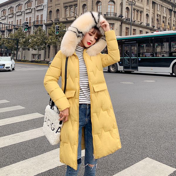 

2019 winter down cotton jacket women long cotton padded coat new fashion female fur collar hooded parkas mujer overcoat, Tan;black