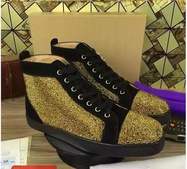 

new mens womens red suede leather patchwork highred bo ttom sneakers,brand design golden spikes toe casual shoes 36-46 mh031, Black