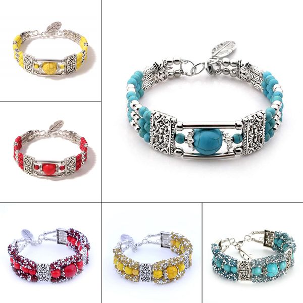 

new popular boho vintage turquoises beaded bracelets for women charm beads hand pendant bohemian female bracelet fashion jewelry, Golden;silver