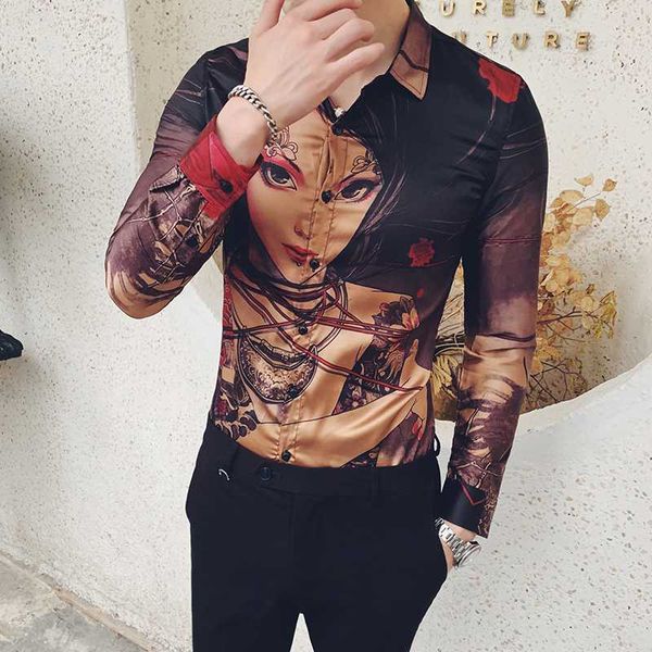 

men's dress shirts fashion 2021 men shirt digital print beauty girl tuxedo streetwear long sleeve casual slim fit blouse, White;black