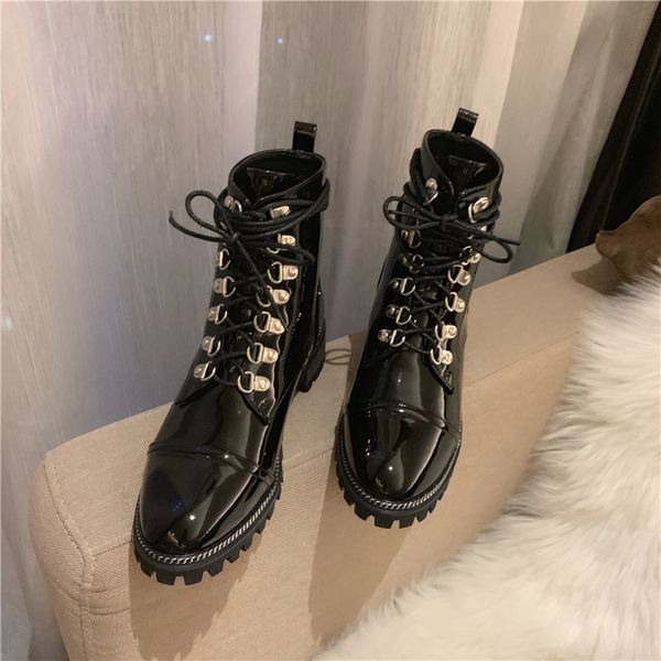 

lace up women's rubber boots boots-women booties woman 2019 low heel rivets luxury designer female shoes round toe rain rock, Black
