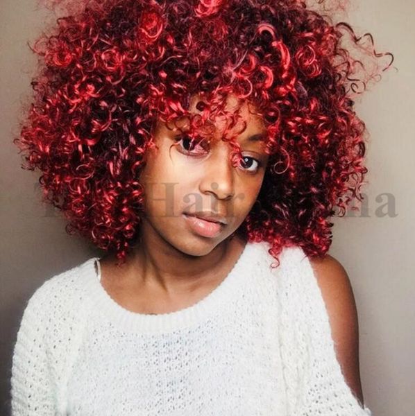 

burgundy lady short kinky curly wig brazilian hair simulation human hair bob short curly wig in stock, Black