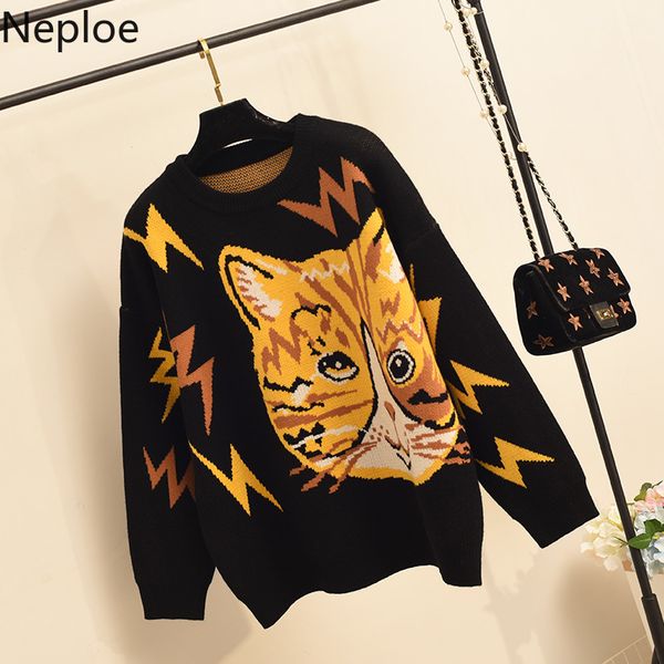 

neploe autumn winter women sweater cartoon cat head jacquard knitted pullover long sleeve o-neck causal pull femme jumpers 55231, White;black