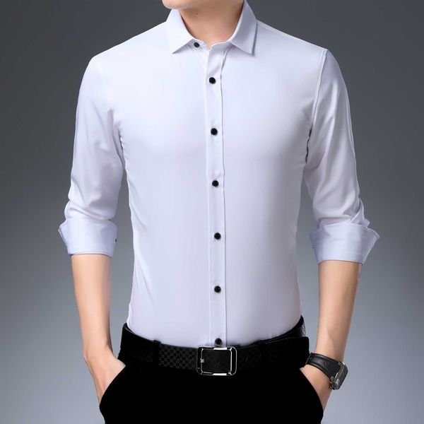 

elastic bamboo fiber men's long sleeve shirt dress casual shirt male social formal slim fit design blue black pink 4xl, White;black