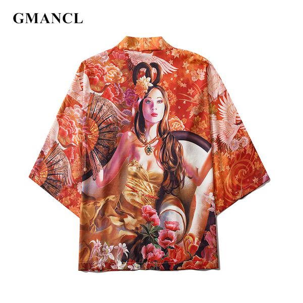 

men summer japanese style printed casual hip hop kimono jackets streetwear loose male half sleeve cardigan thin coat outerwear, Black;brown