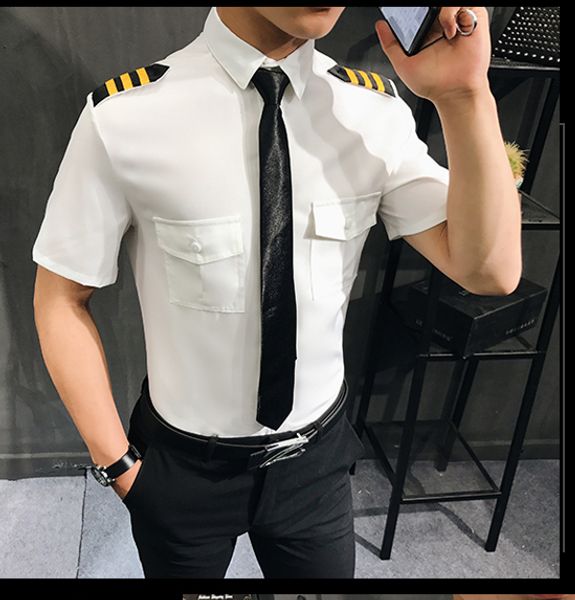 

new 2019 air force shirt men uniform short sleeve handsome slim fit camisa social masculina epaulette shirt men, White;black