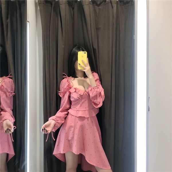 

long sleeves mini dress 2020 summer new pink wave dot ruffled irregular dress seaside vacation sweet cute vestidos, Black;gray