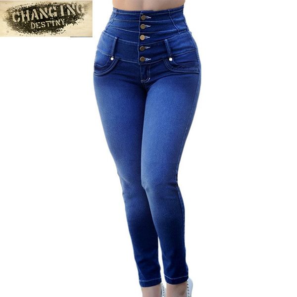 

2019 spring autumn women's denim jeans slim casual high waist pencil pants plus size street trousers pantalon femme, Blue