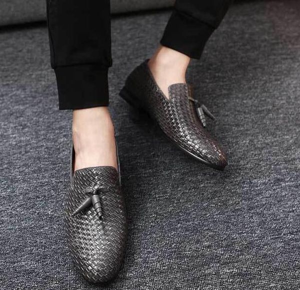 

ne designer woven genuine leather men shoes british style spring autumn fashion casual men flats loafer size 39-47, Black