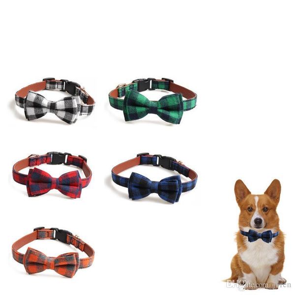

english lattice pet collar bow collar buckle dog collar pu leather and cloth material