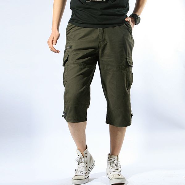 

male shorts multi pocket summer loose zipper breeches khaki grey plus size short pant casual cotton black long mens cargo shorts, White;black