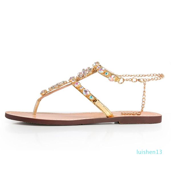 

woman chains thong gladiator flat sandals crystal chaussure plus size 46 tenis feminino l13, Black