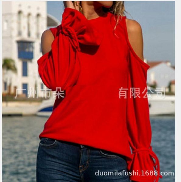 

women's womens designer tees clothing new foreign trade spring and summer women's tie round neck off shoulder long sleeve top, White