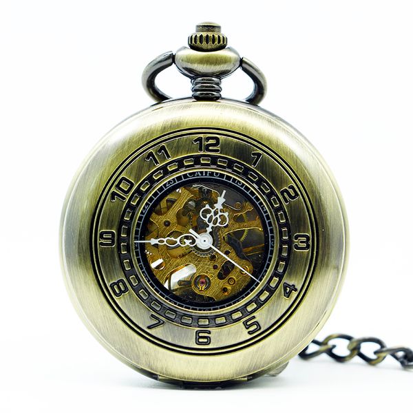 

carving skeleton antique automatic mechanical pocket watch men women chain stylish fob xmas bronze exquisite clock pjx1245, Slivery;golden