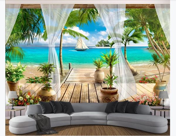 Индивидуальные 3d настенные обои фото обои Балкон сад кокосовая пальма пляж остров море вид 3d гостиная ТВ фон настенная роспись стены