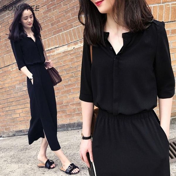 

dress women solid elastic high waist summer casual midi dresses office lady retro elegant slim loose large size 3xl chic trendy, Black;gray