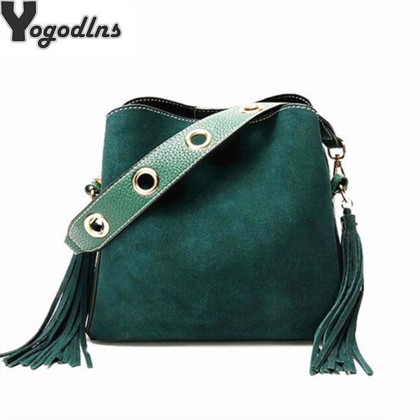 

vintage fashion women fringe bucket shoulder bag suede messenger crossbody bag female bucket rivet tassel