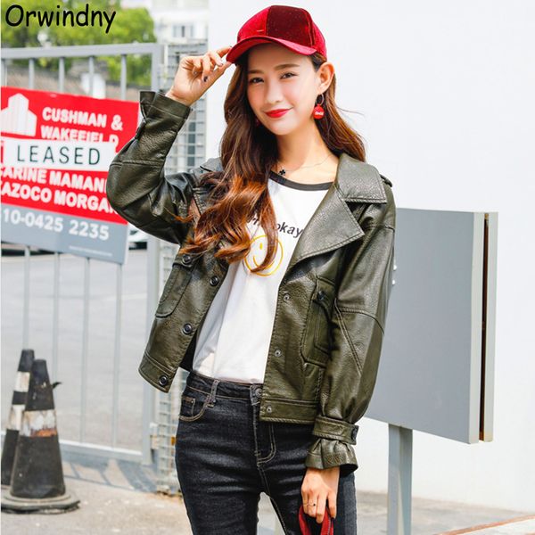 

orwindny 2019 new casual spring leather jacket women cute army green leather clothing turn-down collar female coat, Black